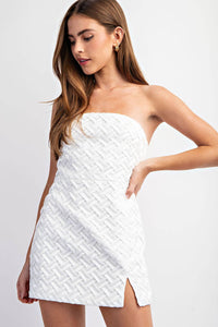 Strapless White Textured Mini Dress with Slit