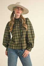 Load image into Gallery viewer, Green Plaid Lace Trim Blouse