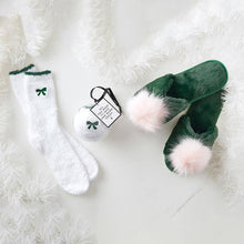 Load image into Gallery viewer, Cozy Socks in Ornament - White with Green Bow
