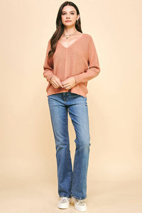 Prairie Pink Ribbed V-neck Sweater