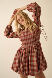 Plaid Flannel Smocked Bubble Mini Dress
