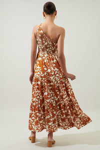 Marida Caramel Floral Smocked One Shoulder Maxi Dress