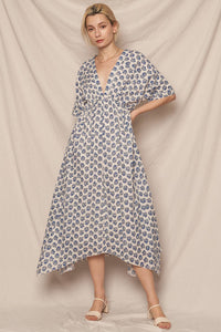 Printed V-Neck Kimono Sleeve Midi Dress with Lurex Detail