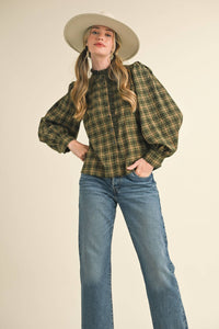 Green Plaid Lace Trim Blouse