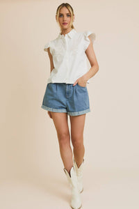 White Embroidered Ruffle Sleeve Blouse