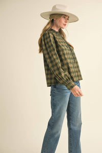 Green Plaid Lace Trim Blouse