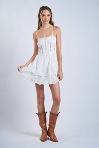 SOLID HOOK&EYES LAYERED FLORAL LACE MINI DRESS