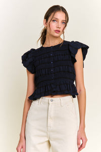 Navy Textured Button Front Blouse Top