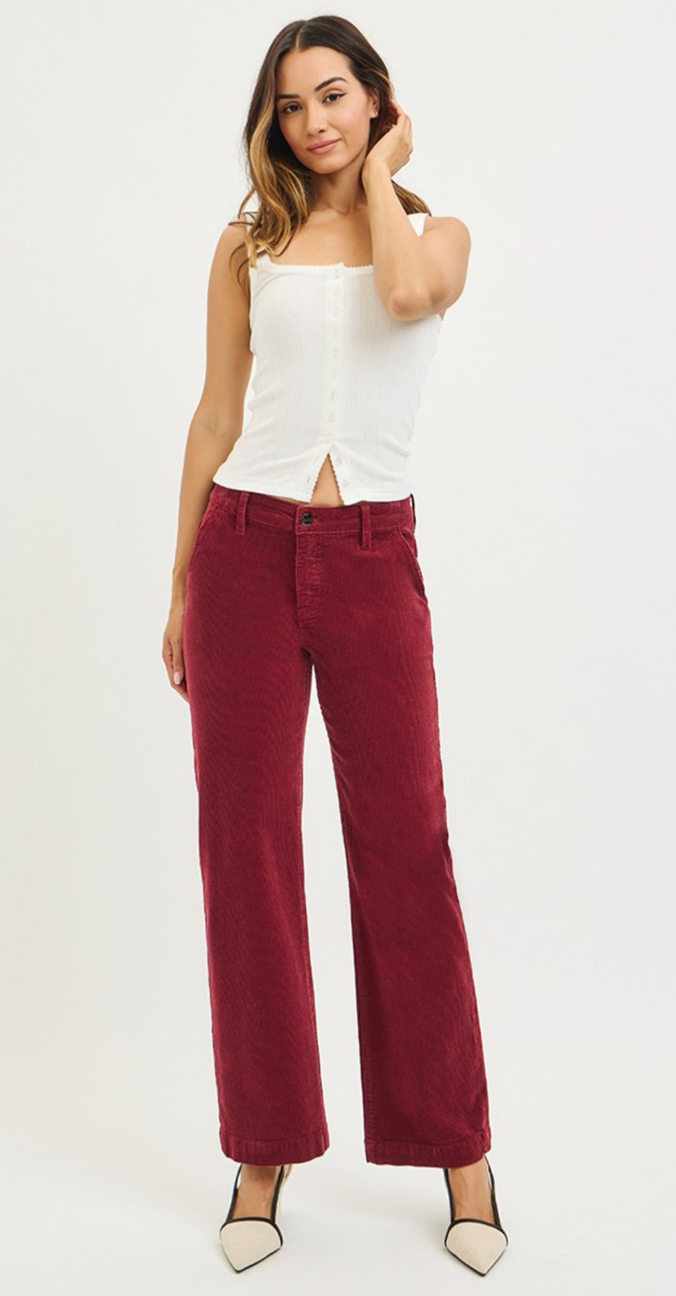 Risen Mid Rise Ankle Corduroy Jeans - Wine