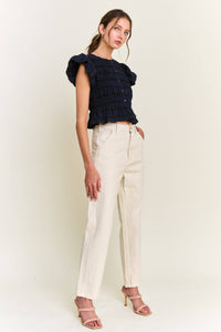 Navy Textured Button Front Blouse Top