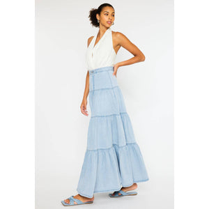 Tiered Denim Maxi Skirt - Light Wash