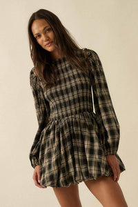 Plaid Flannel Smocked Bubble Mini Dress