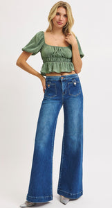 Risen Mid Rise Wide Leg Front Button Pocket - 21066 Dark Wash