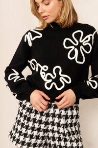 Floral Outline Mock Neck Sweater