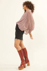Floral V Neck Button Front Long Sleeve Blouse