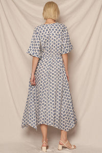 Printed V-Neck Kimono Sleeve Midi Dress with Lurex Detail