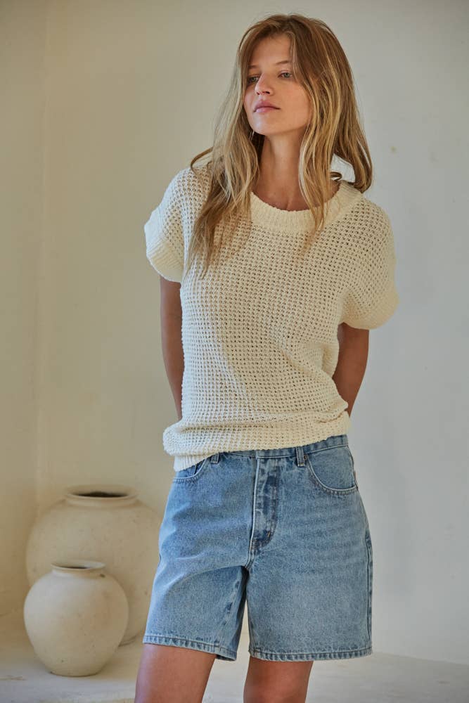 Cotton Sweater Short Sleeve Crew Neck Top