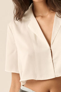 Cropped Lapel-Collar V-Neck Short-Sleeve Shirt