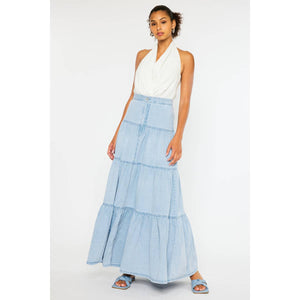 Tiered Denim Maxi Skirt - Light Wash