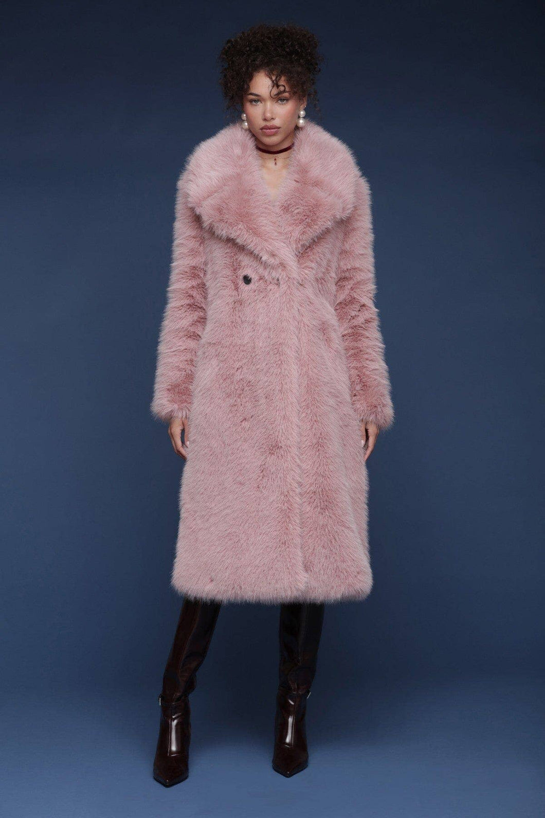 Oversized Collar Faux Fur Midi Coat