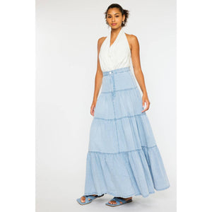 Tiered Denim Maxi Skirt - Light Wash