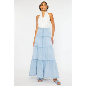 Tiered Denim Maxi Skirt - Light Wash