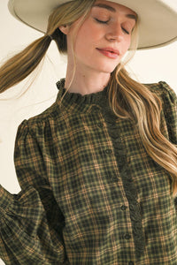 Green Plaid Lace Trim Blouse