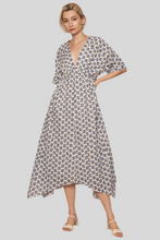 Load image into Gallery viewer, Printed V-Neck Kimono Sleeve Midi Dress with Lurex Detail
