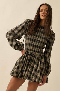 Plaid Flannel Smocked Bubble Mini Dress