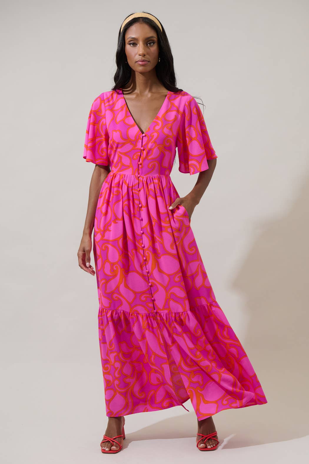 Inara Floral Evianna Button Down Flutter Maxi Dress