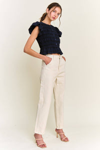 Navy Textured Button Front Blouse Top