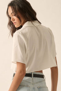 Cropped Lapel-Collar V-Neck Short-Sleeve Shirt