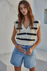 Striped Knit Sweater V-Neck Sleeveless Vest Top