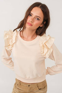 Madeline Cream Ruffle Shoulders Sweatshirt