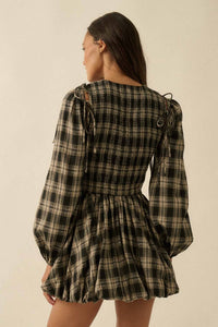 Plaid Flannel Smocked Bubble Mini Dress