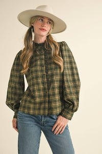 Green Plaid Lace Trim Blouse