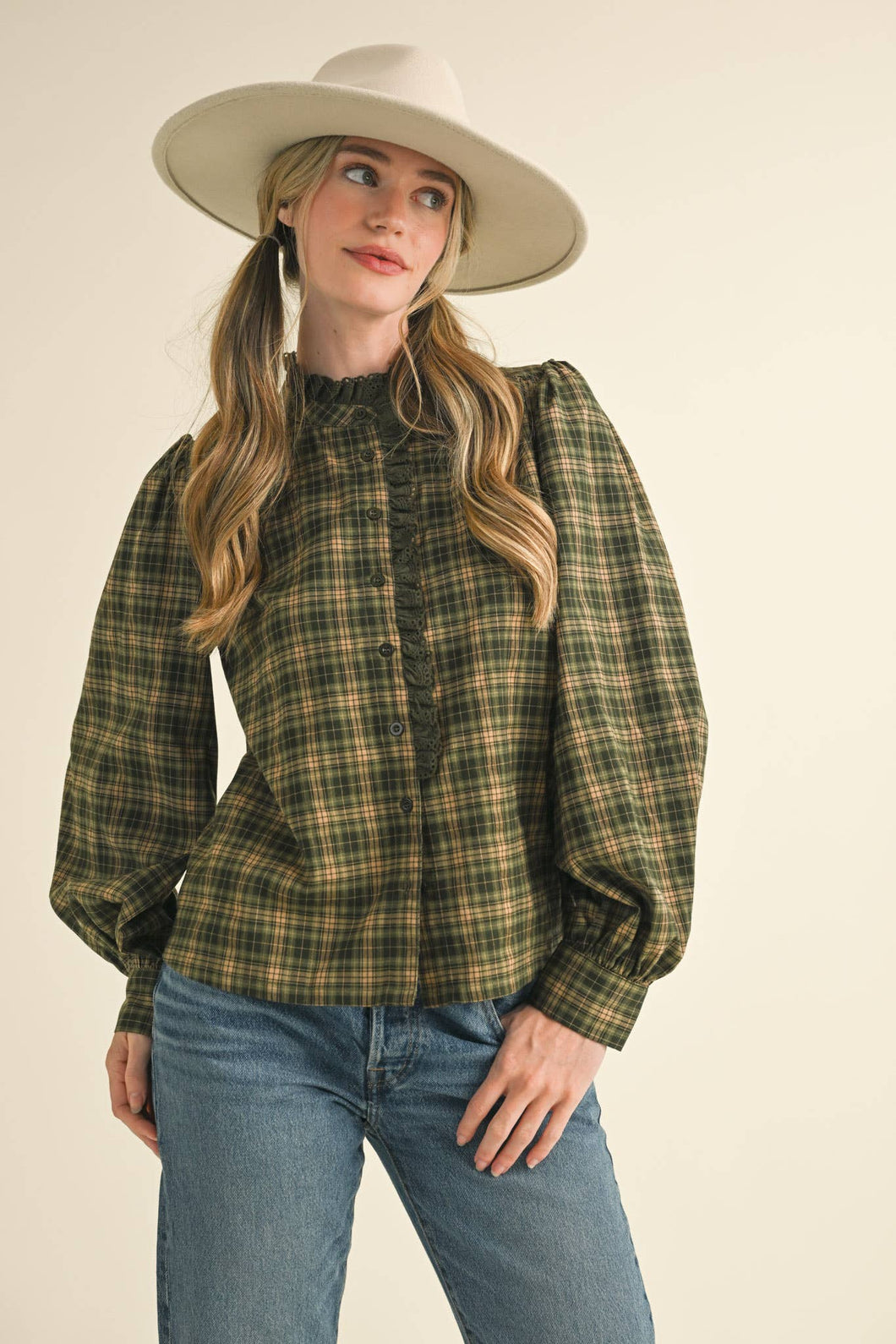 Green Plaid Lace Trim Blouse