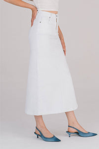 The Peyton - White Side Slit Denim Midi Skirt by Hidden