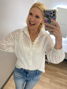 Embroidered Eyelet 100%Cotton Button Down Shirt