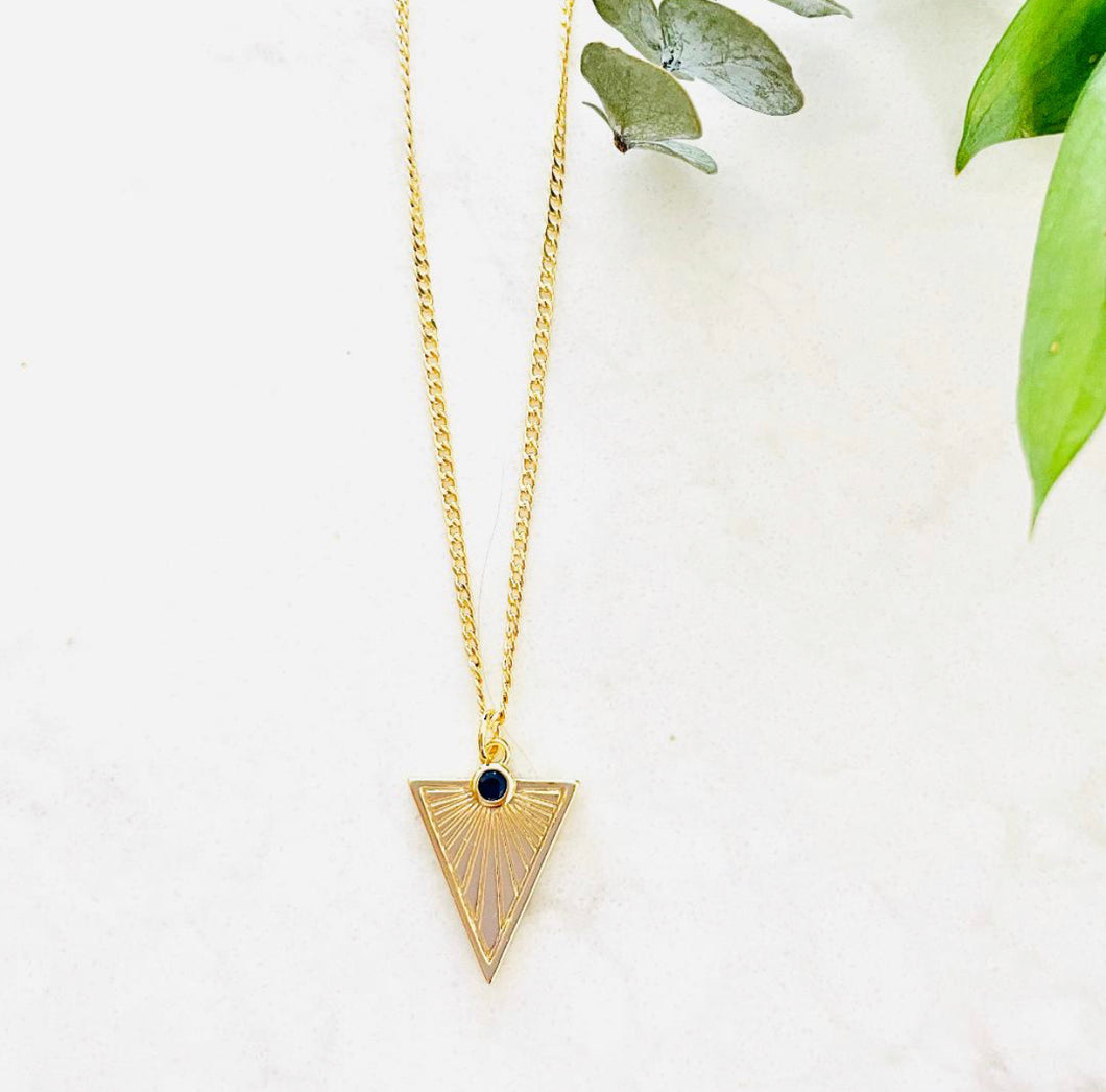 Triangle Pendant Necklace with Dark Blue Gemstone from Kathy Romano Collection - 14K Gold Filled