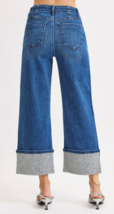 Risen High Rise Wide Cropped Rhinestone Embellished Leg Jeans- 21241 Dark Wash
