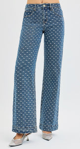 Risen High Rise Straight Leg Bow Embroidered Jeans- 21362 Medium Wash