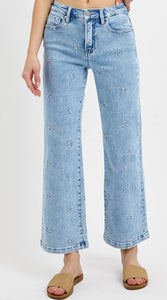 Risen High Rise Straight Leg Jeans w Embroidery  - PWC21010 Light Wash