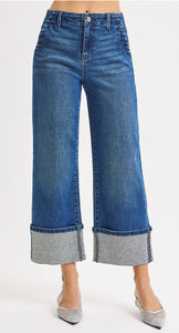 Risen High Rise Wide Cropped Rhinestone Embellished Leg Jeans- 21241 Dark Wash