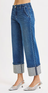 Risen High Rise Wide Cropped Rhinestone Embellished Leg Jeans- 21241 Dark Wash