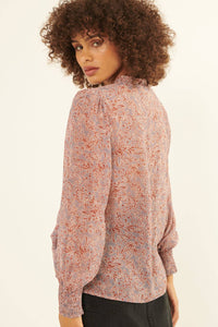 Floral V Neck Button Front Long Sleeve Blouse