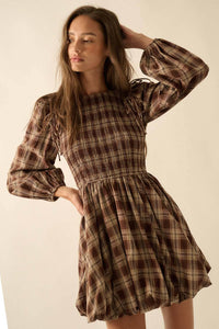 Plaid Flannel Smocked Bubble Mini Dress