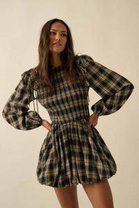 Plaid Flannel Smocked Bubble Mini Dress