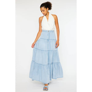 Tiered Denim Maxi Skirt - Light Wash