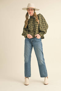 Green Plaid Lace Trim Blouse
